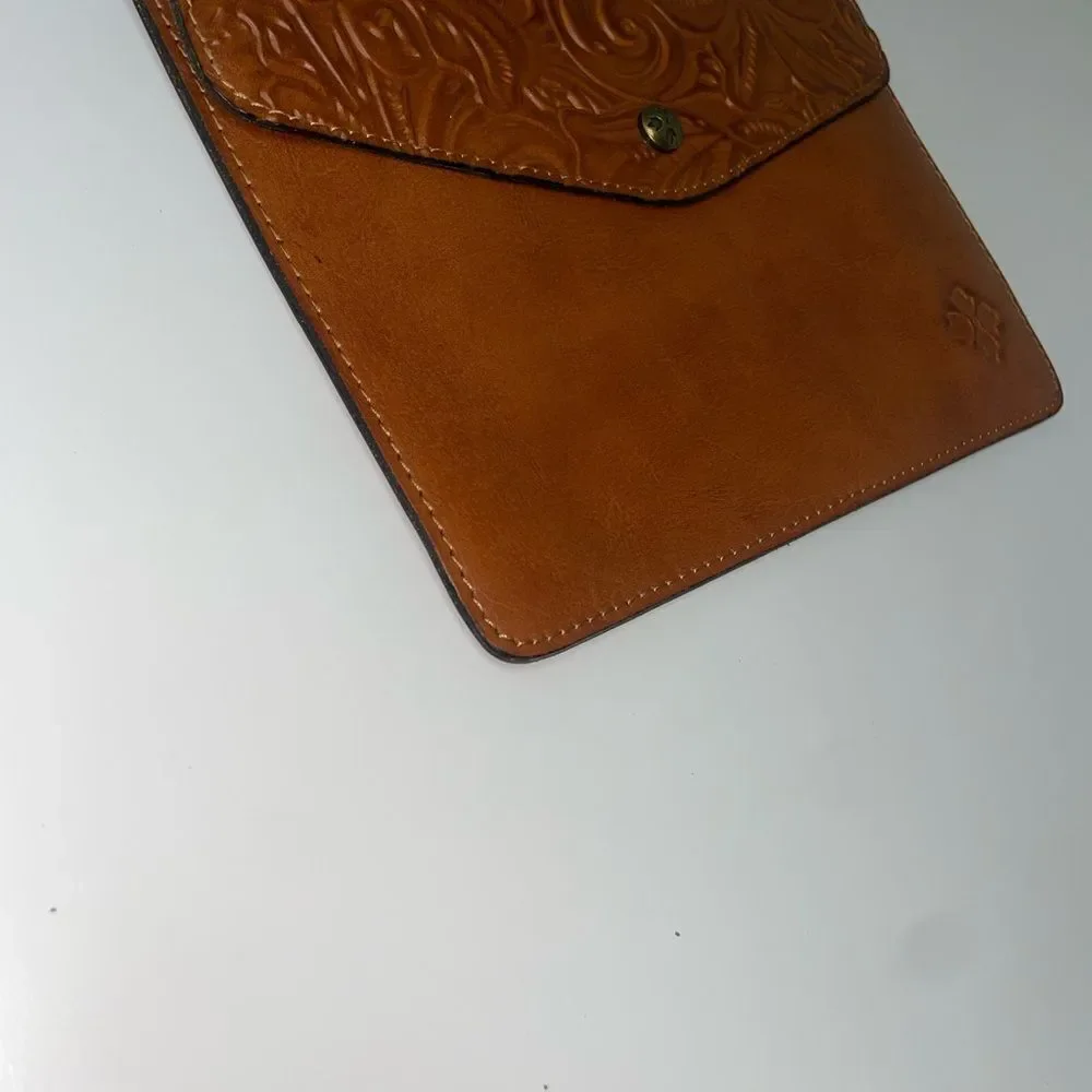 Patricia Nash Tooled Midi Tech Portfolio Brown Leather Clutch
